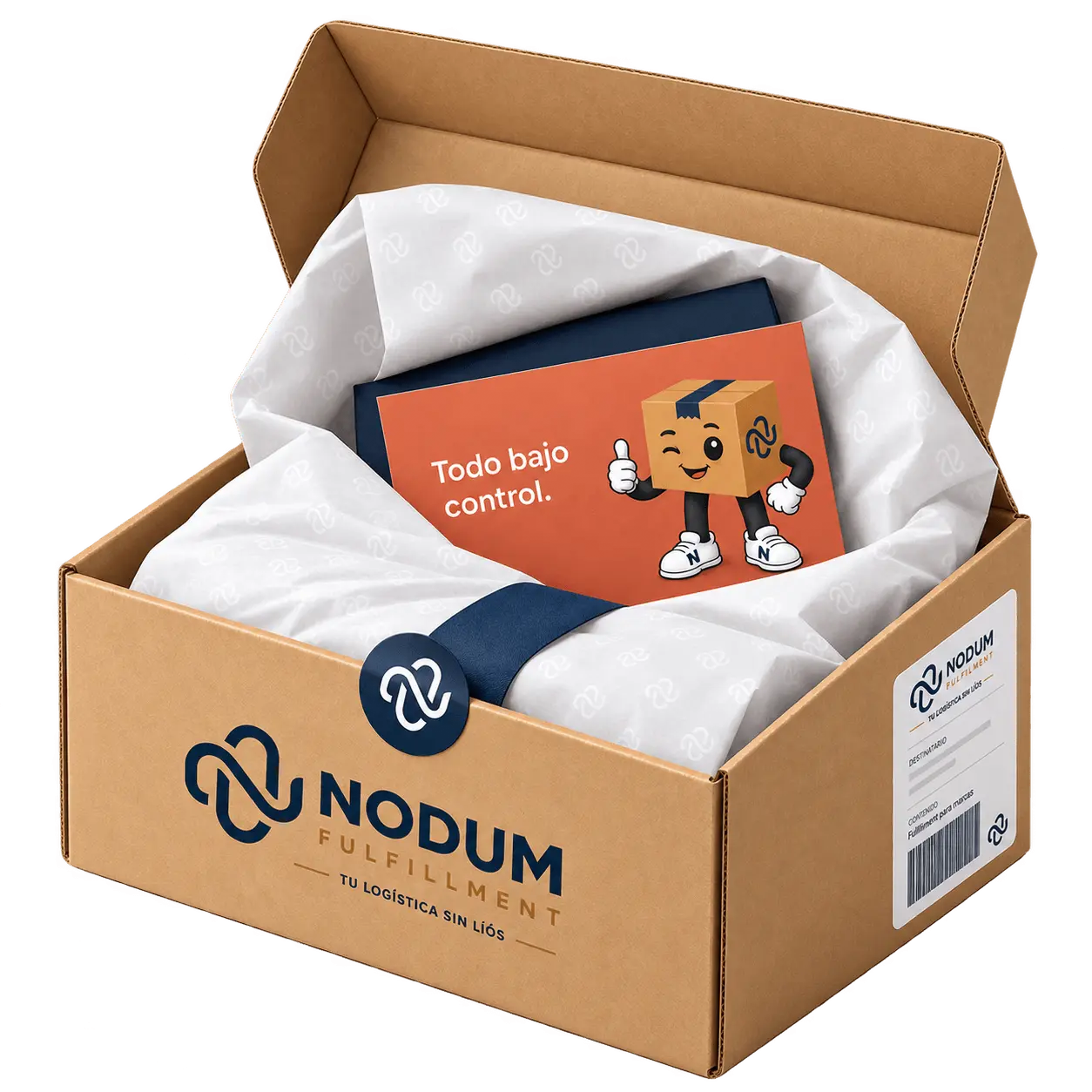 Ilustración de packaging Nodum: caja de fulfillment personalizada con cinta navy, papel de seda con el símbolo Nodum y una tarjeta “Todo bajo control.”