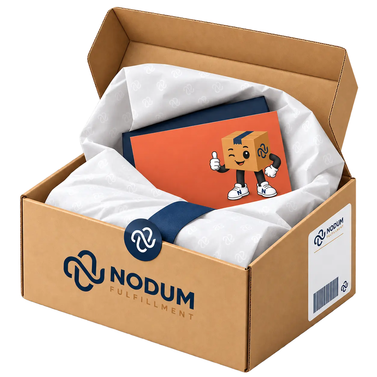 Illustration of Nodum packaging: a personalised fulfillment box with navy tape, branded tissue paper and an insert.