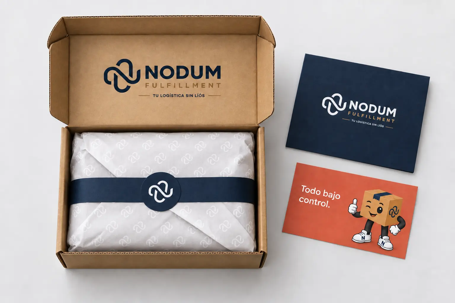 Composición ilustrativa de packaging Nodum: caja kraft completa, papel de seda y tarjetas con la identidad de marca y la mascota Nodo.